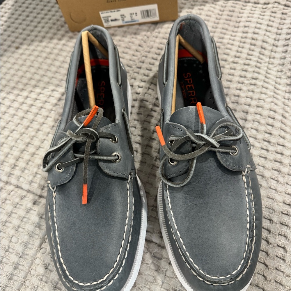 Sperry Gray Suede Boat Shoes with Orange Accents
